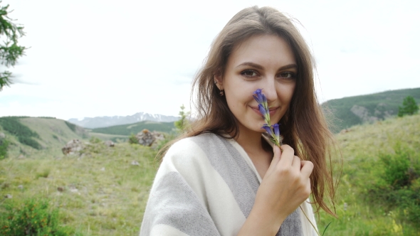 Smiling Beautiful Brunette In The Lavender Field