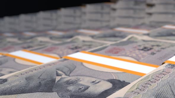 Many wads of money. 1000 Japanese Yen banknotes. Stacks of money.