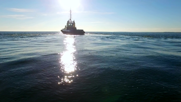 Aerial Shot Of a Tugboat In Sea