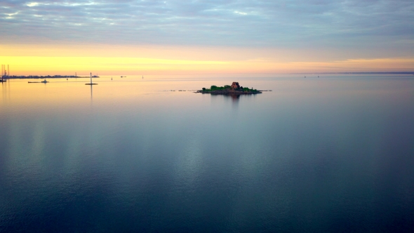 Aerial View Of Small Island In Sea At Morning And Beautiful Light