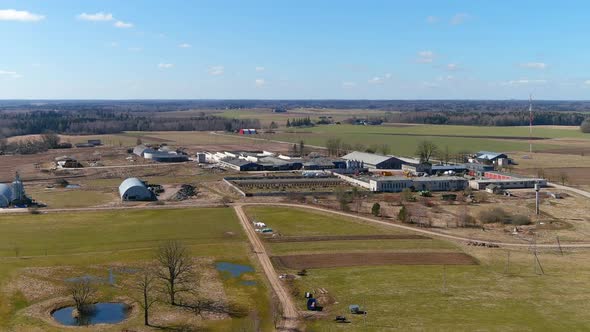 Aerial View of Modern Farming Buildings in Rural Lithuania, Landscape and Blue Skyline on Sunny Day,