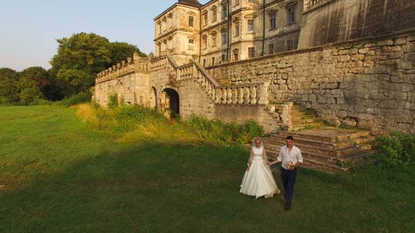 Aerial View: Beautiful Wedding Couple On The Background Of The Castle. 