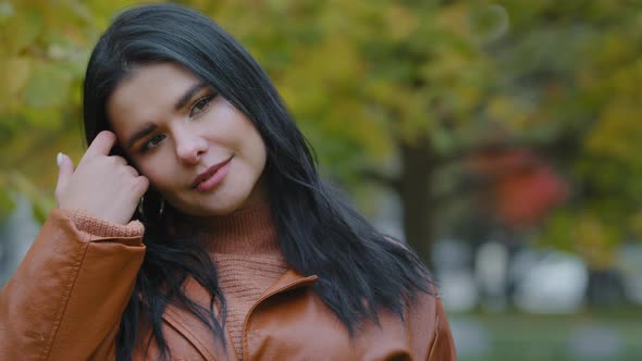 Closeup Young Attractive Elegant Pensive Dreamy Woman Standing in Autumn Park Portrait Hispanic Girl