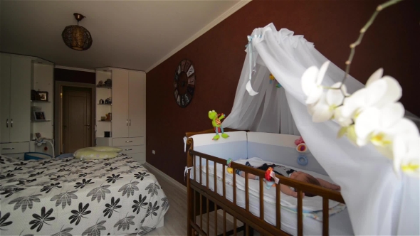 New Born Child In Wooden Co-sleeper Crib, Infant Sleeping