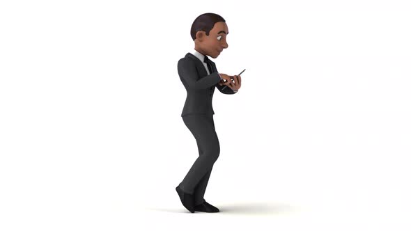 Fun 3D cartoon business man walking with a smartphone