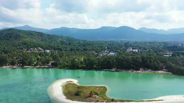 Aerial travel of perfect lagoon beach voyage by clear sea and white sandy background of a dayout nea