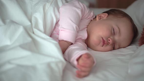 Authentic Portrait Cute Caucasian Little Infant Chubby Baby Girl or Boy in Pink Sleep with Teddy