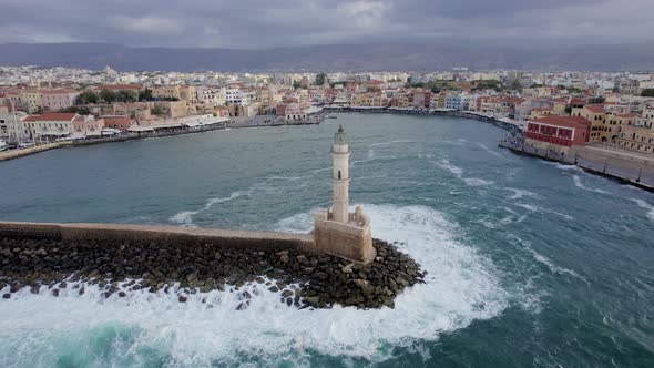 Epic Aerial Drone footage of lighthouse in the old Venetian port of Chania