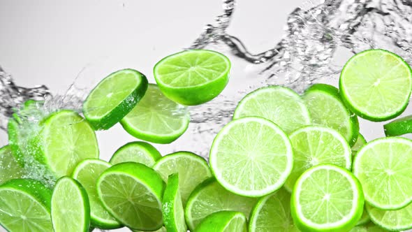 Super Slow Motion Shot of Flying Fresh Lime Slices and Water Side Splash at 1000Fps