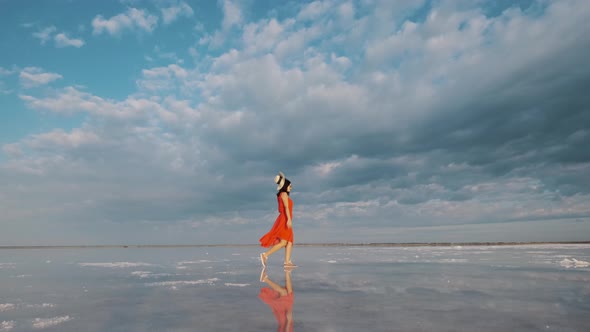 Portrait of a Young Woman in a Fluttering Dress. Girl Traveler Walks on a Pink Salt Lake