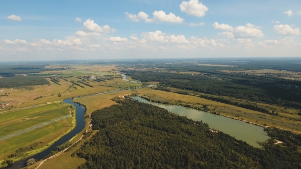 Landscape Of The Field, River.Aerial View.