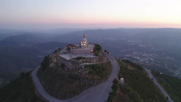 Senhora da Graca church drone aerial view in Mondim de Basto landscape at sunset, in Portugal