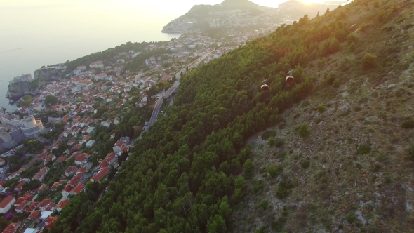 Aerial View Of The Cableway Above Dubrovnik At Sunset.