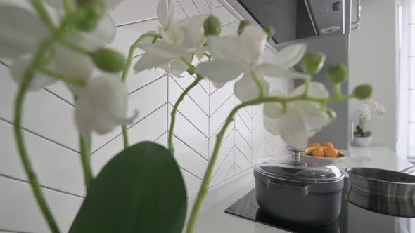 Closeup of Worktop at Luxury Moden Classic Gray Kitchen