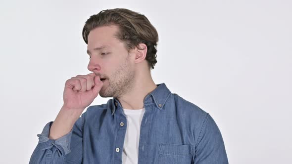 Portrait of Sick Young Man Coughing on White Background