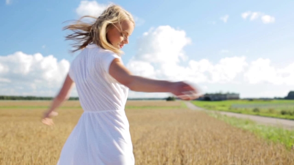 Smiling Young Woman In White Dress On Cereal Field 9