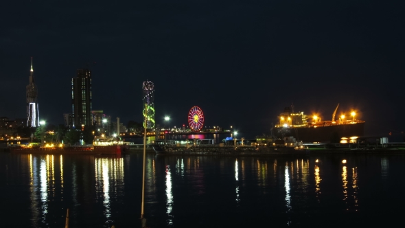 Night City Of Batumi, Georgia. Batumi Sea Port. 