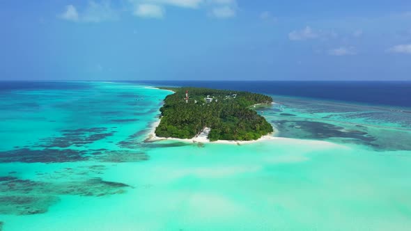 Aerial view scenery of relaxing island beach trip by clear water and white sand background of a dayo