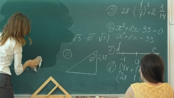 Female Teacher At High School Washes The Chalkboard And Lookng To The People In Class