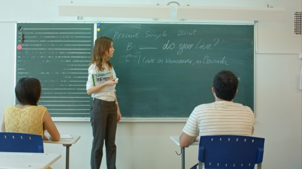 Learn English Confident Beautiful Woman Teacher Chalk Blackboard