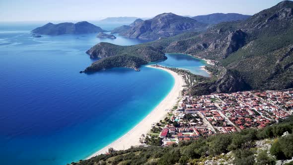 Amazing beautiful panoramic view from drone of Oludeniz Blue lagoon beach in Fethiye in Mugla