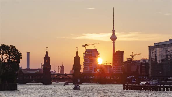 Day to Night Time Lapse of Berlin cityscape with spree river, Berlin, Germany