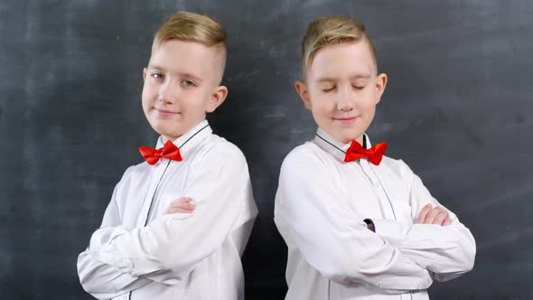 Dressed-Up Caucasian Twins Posing against Chalkboard