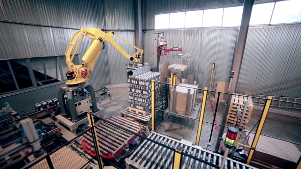 Automated Robotic Arm Loading, Packing Products. Modern Industrial Equipment.