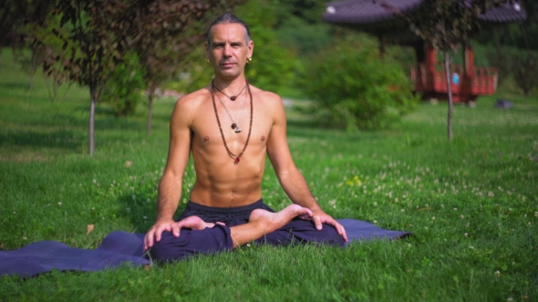 Yogi On Mats In The Park Demonstrates Exercises With Yoga.