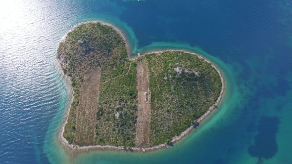 Aerial View Of The Heart Shaped Galesnjak Island On The Adriatic Coast