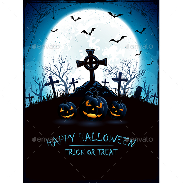 Blue Halloween Background with Moon and Cemetery