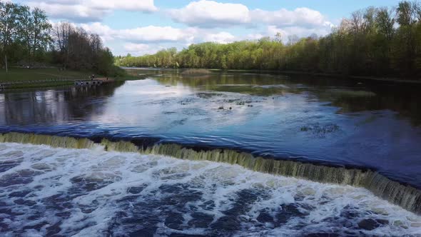 Flying Fish at Ventas Rumba Waterfall in Latvia, Aerial Shot