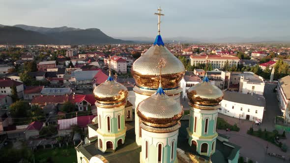 Christian Church at Sunset Aerial View Temple in the Transcarpathia Ukraine