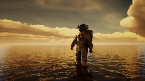 Spaceman in the Sea Under Clouds at Sunset alt