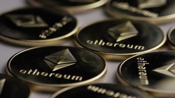 Rotating shot of Ethereum Bitcoins 