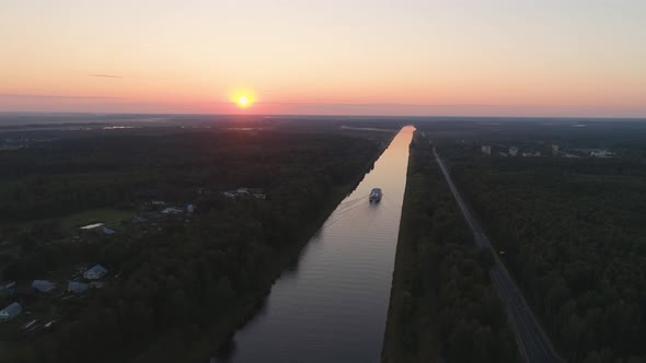 Cruise Ship on the River Aerial View