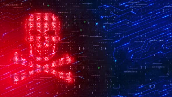 Digital virus skull and crossbones on binary code data theft Digital. HACKED.