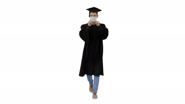 Graduate Student in a Medical Mask Walking on White Background.