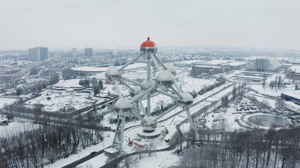 Aerial view of the Atomium in wintertime, Brussel, Belgium.