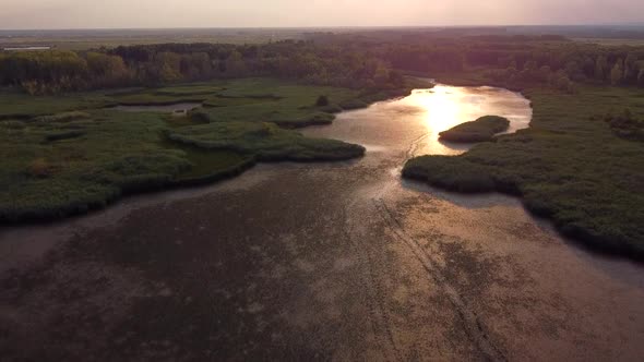 Sunset Over Arges River Aerial View