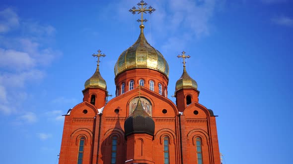 Kemerovo Russia February 26 2022 Brick Cathedral Orthodox Church with Crosses Under a Blue Sky in