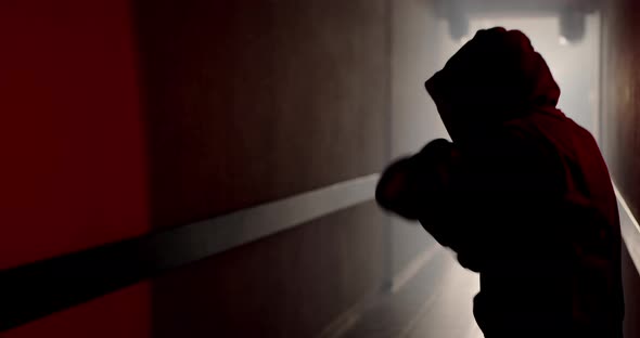 Boxer boxing with a shadow in a semi-dark corridor with a backlight behind his back, slow motion.