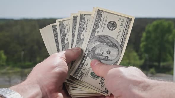 Male Hands Show Old Dollar Bills Like a Fan on Backdrop of Green Nature