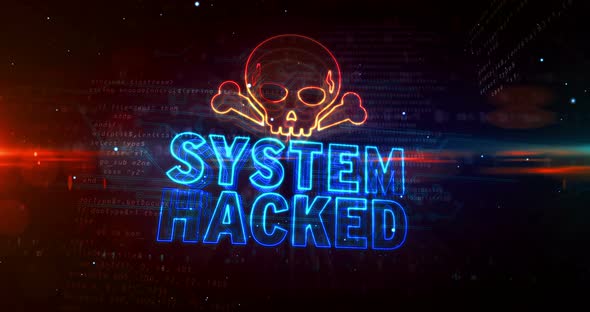 System hacked alert with skull symbol abstract animation