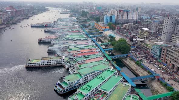 Aerial view of a busy wharf along Buriganga river, Bangladesh.