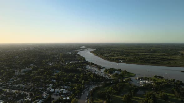 Aerial view of a river path to Parana deltas in Buenos Aires, Argentina. Jib Down