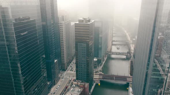 Chicago River and Downtown on a Foggy Cloudy Day