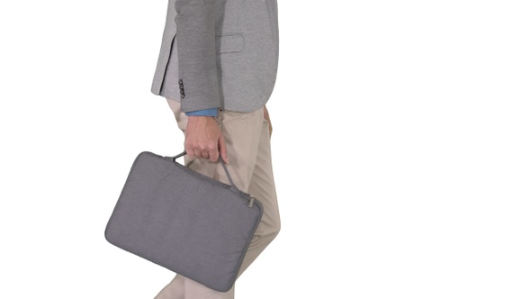 Man in casual walking with briefcase on white background.