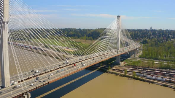 Gorgeous aerial view of the Port Mann Bridge in Coquitlam, Greater Vancouver, British Columbia.