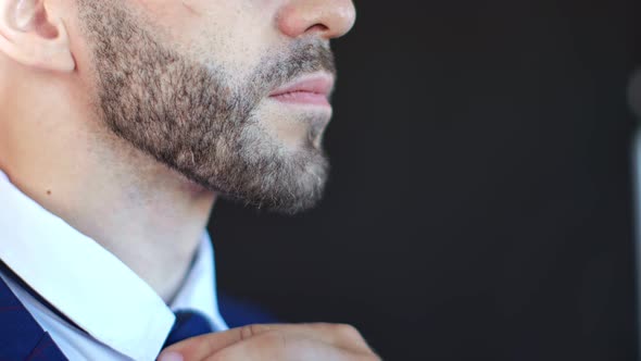 Closeup Hands of Stylish Bearded Businessman in Suit Straighten Tie